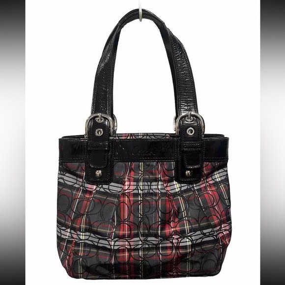 Signature Coach Poppy Bag Red And Black Plaid Shoulder Handbag Medium Size Purse - Picture 3 of 16